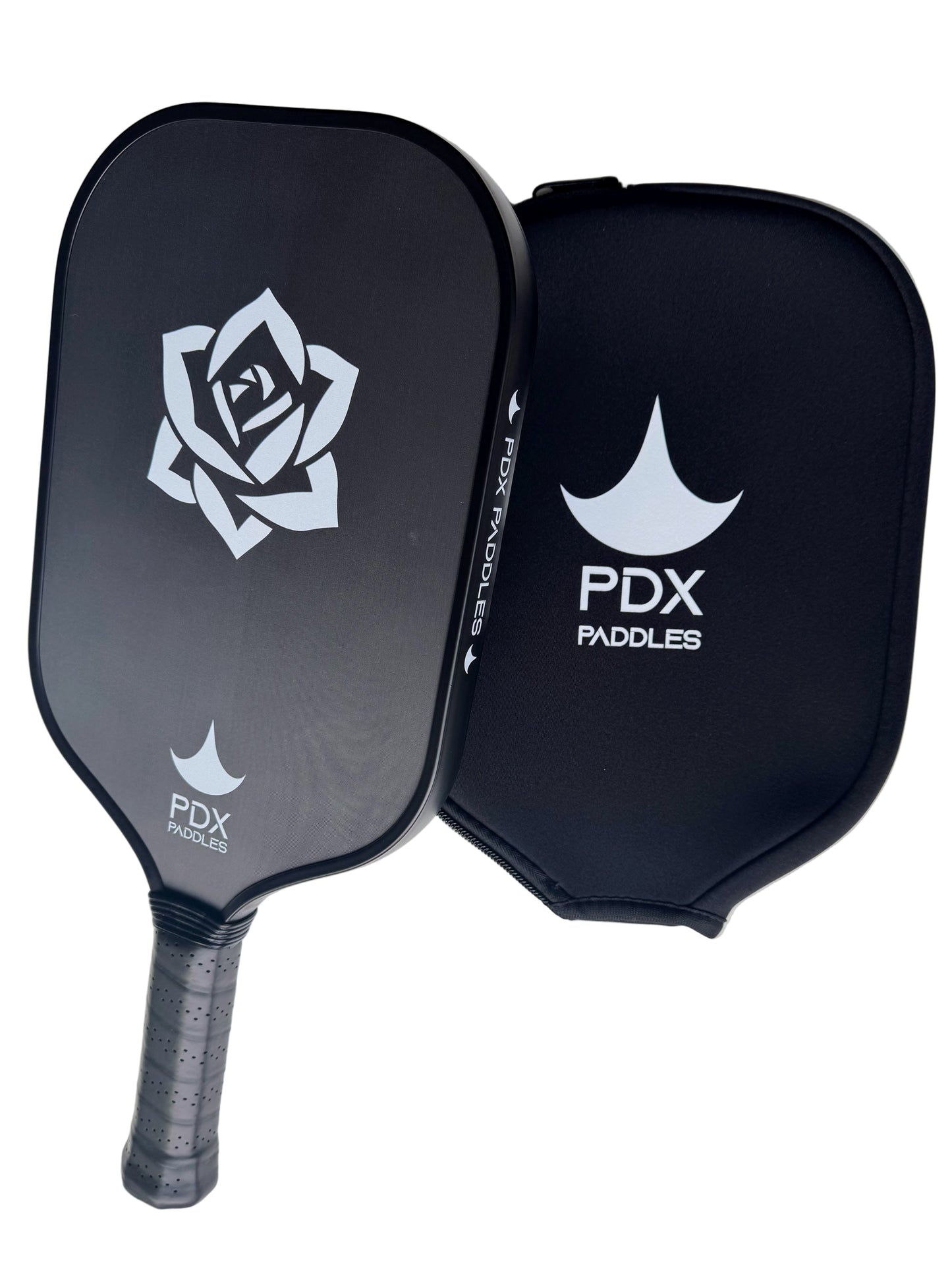 Two black pickleball paddles with PDX Paddles branding on a white background