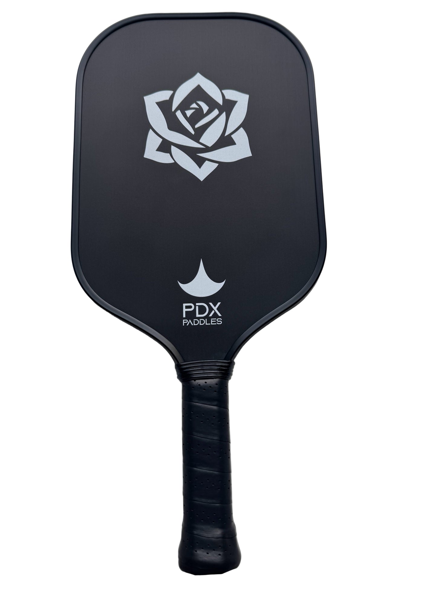 Black paddle with white logo on a light gray background