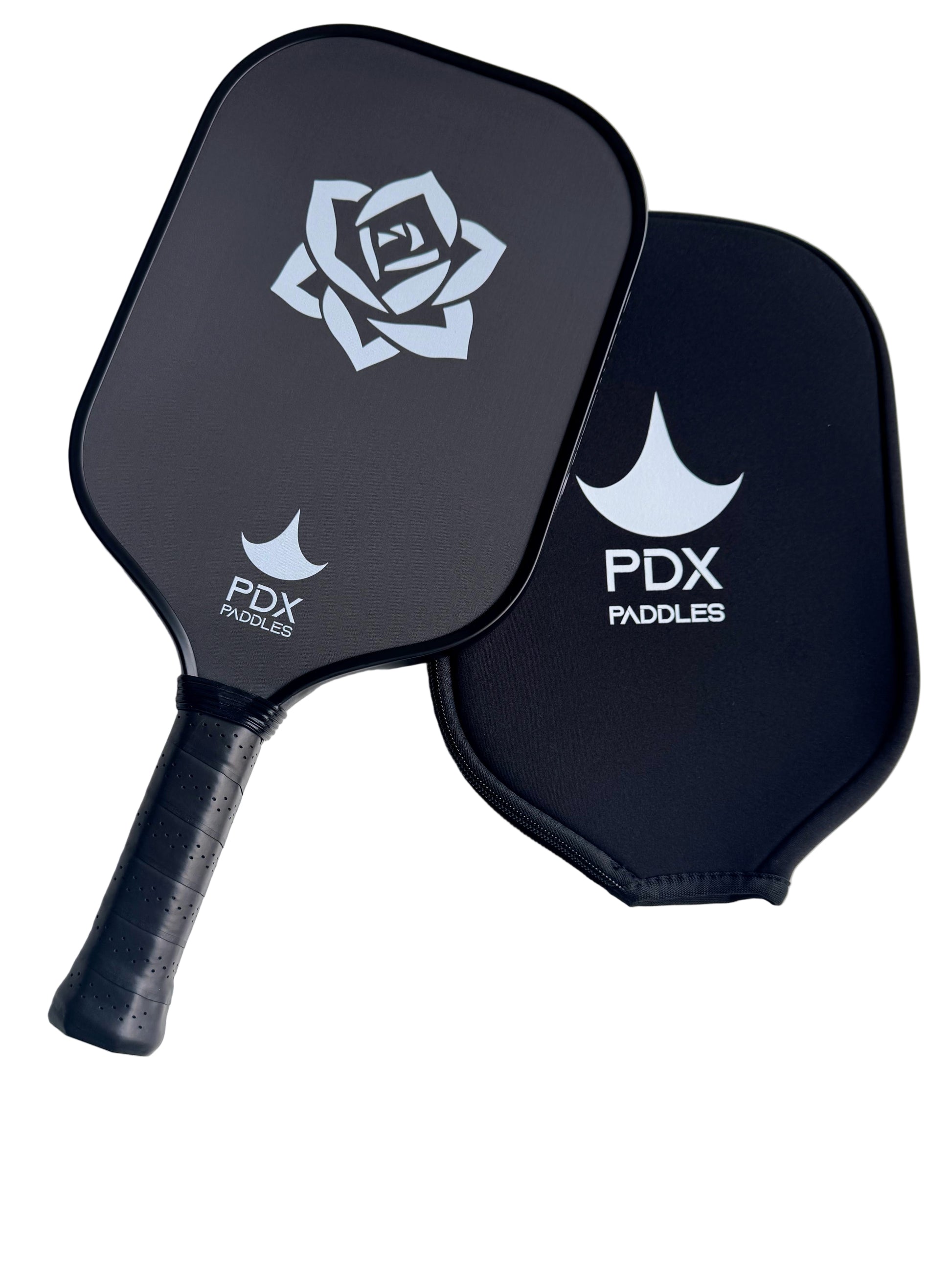 Two black pickleball paddles with 'PDX Paddles' branding on a white background
