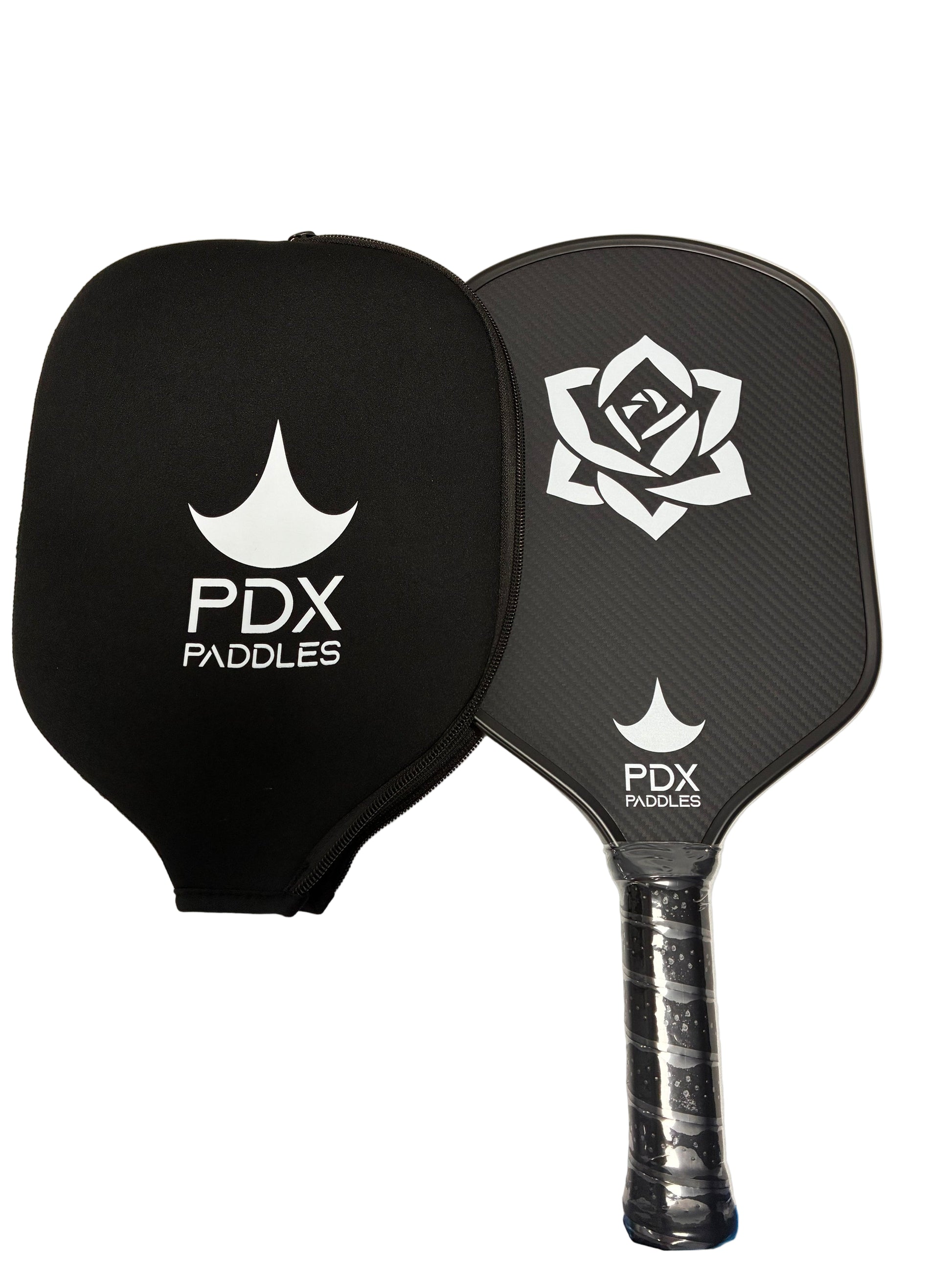 Black pickleball paddle with PDX Paddles logo on a white background